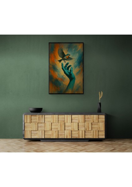 Modern Sanat Çerçeveli Tablo, Kuş ve El Deseni, Turkuaz-Turuncu Renk fırsatları