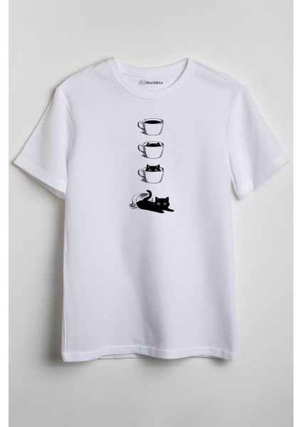 Kedili Bardak Tasarım Önü Baskılı Unisex Tişört Beyaz