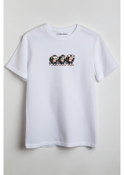 Üç Maymun Kahveli Tasarım Önü Baskılı Unisex Tişört Beyaz