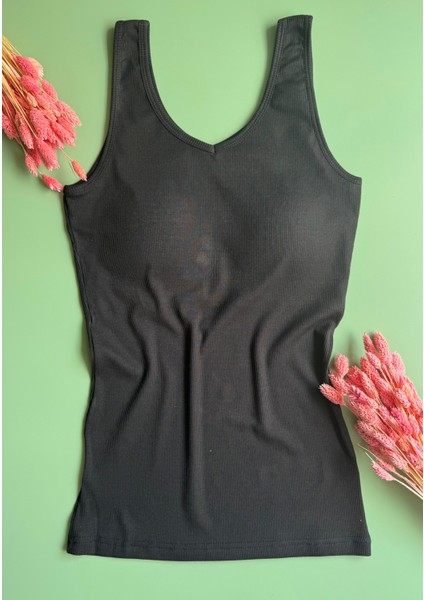 Modal Kumaş | V Yaka Siyah Renk Pedli Ribana Kadın T-Shirt-Atlet