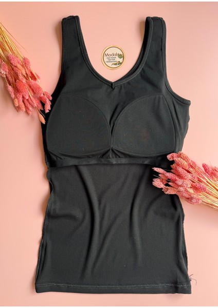 Modal Kumaş | V Yaka Siyah Renk Pedli Ribana Kadın T-Shirt-Atlet fiyatları