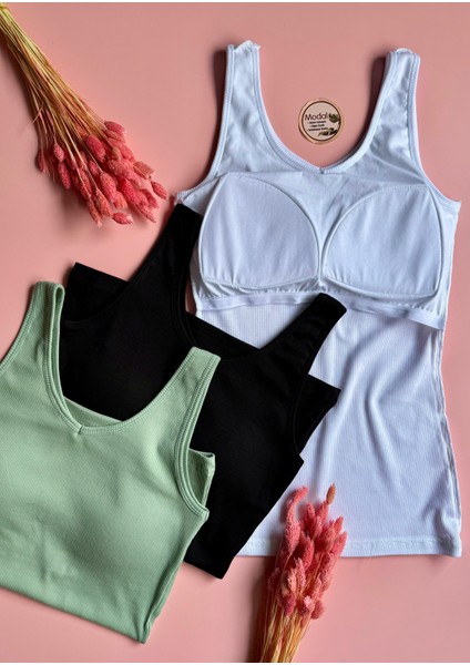 Modal Kumaş | V Yaka Siyah Renk Pedli Ribana Kadın T-Shirt-Atlet modelleri