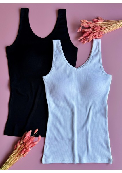 Modal Kumaş | V Yaka Siyah Renk Pedli Ribana Kadın T-Shirt-Atlet indirimleri