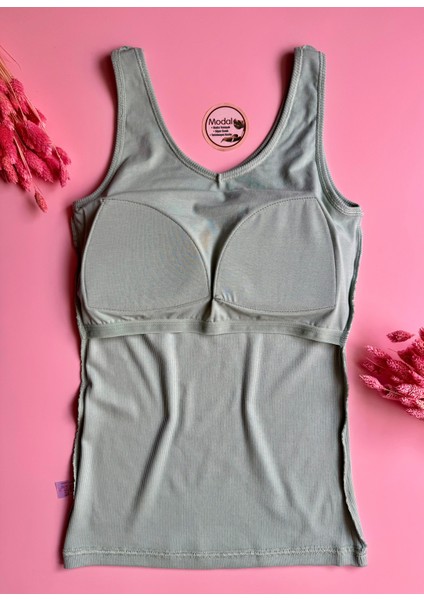 Modal Kumaş | V Yaka Çağla Yeşili Renk Pedli Ribana Kadın T-Shirt-Atlet