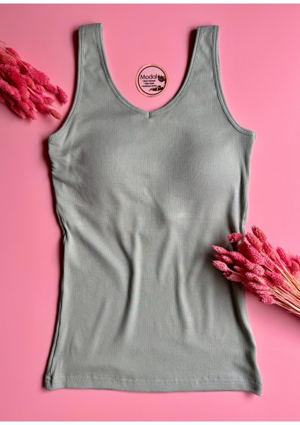 Modal Kumaş | V Yaka Çağla Yeşili Renk Pedli Ribana Kadın T-Shirt-Atlet fırsatları