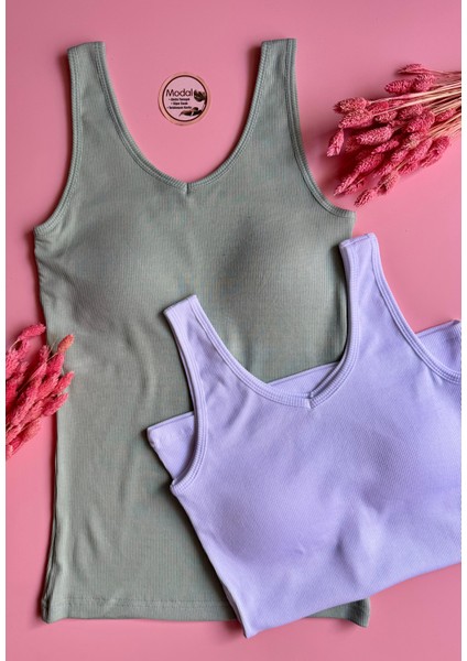 Modal Kumaş | V Yaka Çağla Yeşili Renk Pedli Ribana Kadın T-Shirt-Atlet indirimleri