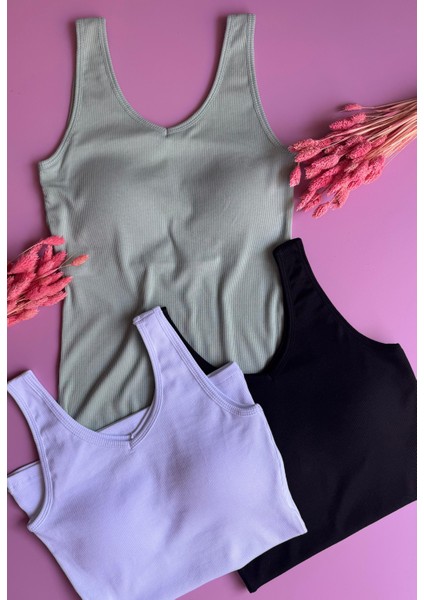 Modal Kumaş | V Yaka Çağla Yeşili Renk Pedli Ribana Kadın T-Shirt-Atlet