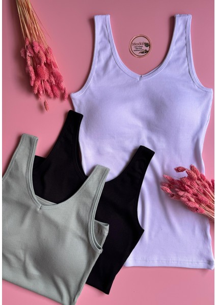 Modal Kumaş 3'lü | V Yaka - Çağla Yeşili, Siyah ve Beyaz - Pedli Ribana Kadın T-Shirt-Atlet modelleri