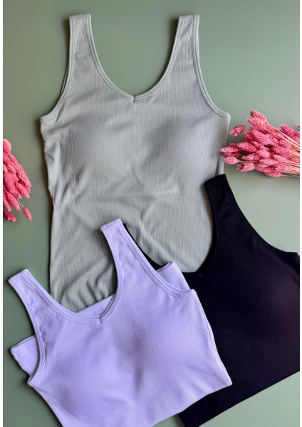 Modal Kumaş 3'lü | V Yaka - Çağla Yeşili, Siyah ve Beyaz - Pedli Ribana Kadın T-Shirt-Atlet fırsatları