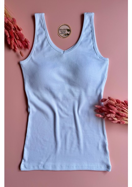 Modal Kumaş | V Yaka Beyaz Renk Pedli Ribana Kadın T-Shirt-Atlet fiyatları