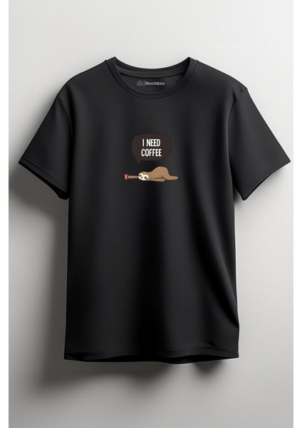 Tembel Hayvan Önü Baskılı Unisex Tişört - I Need Coffee Siyah