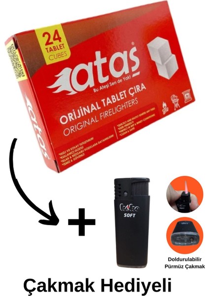 24 Parça Odun ve Kömür Tutuşturucu Orijinal Tablet Çıra (Rüzgar Çakmak Hediyeli)