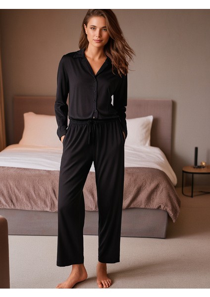 %100 Pamuk Süprem Kadın Pijama Altı Rahat Kalıp Boru Paça Lastikli Kurdeleli Terletmez Esnek Siyah modelleri
