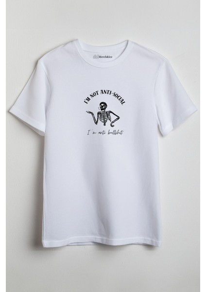 Im Not Anti Social Önü Baskılı Unisex Tişört - Im Not Anti Social Beyaz