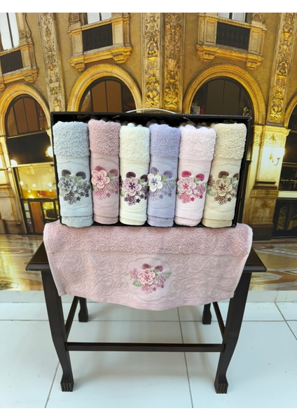 %100 Pamuklu Jakarlı 3D Nakışlı 6 Renk Çeyizlik Lüx El ve Yüz Havlusu Kutulu Set fırsatları