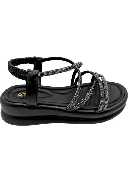 Tresorra - Kadın Taşlı Hafif Dolgu Topuklu Sandalet - Siyah - 37