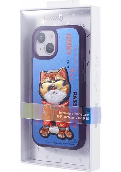 iPhone 15 Uyumlu 3D Gözlük Mont Kedi Detaylı Nakış İşlemeli Kabartmalı Dazzle Kılıf