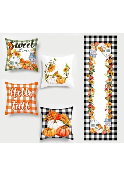 Sonbahar Temalı Turuncu Ekose 4'lü Kırlent ve Runner Seti