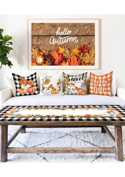 Sonbahar Temalı Turuncu Ekose 4'lü Kırlent ve Runner Seti fiyatları