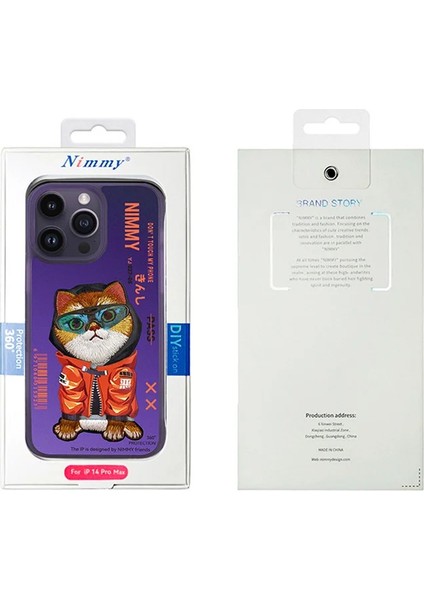iPhone 15 Pro Uyumlu 3D Gözlük Mont Kedi Detaylı Nakış İşlemeli Kabartmalı Dazzle Kılıf
