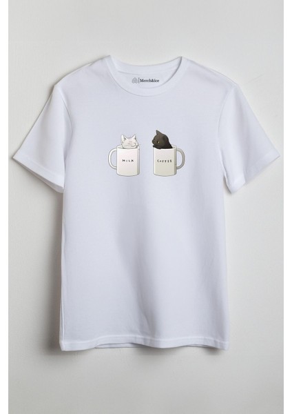 Milk Coffee Cats Önü Baskılı Unisex Tişört Beyaz
