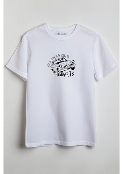 Hogwarts Car Önü Baskılı Unisex Tişört Beyaz