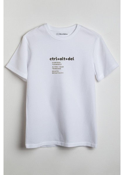 Ctrl Alt Del Önü Baskılı Unisex Tişört - Control Yourself Beyaz