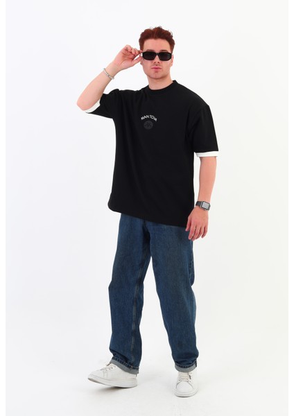 Siyah Göğüs Baskılı Oversize Unısex T-Shirt