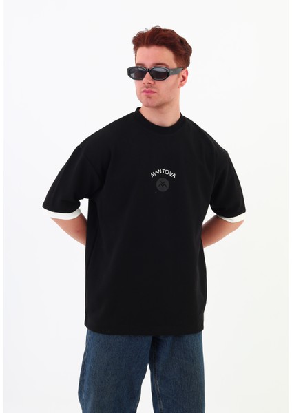 Siyah Göğüs Baskılı Oversize Unısex T-Shirt