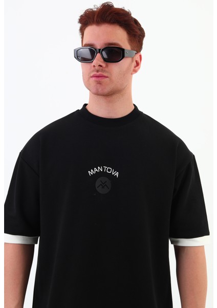 Siyah Göğüs Baskılı Oversize Unısex T-Shirt