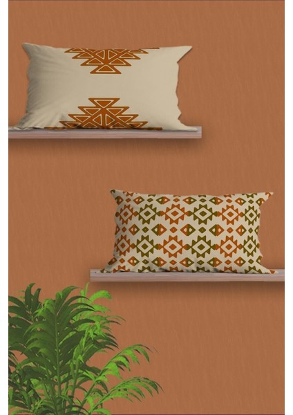 Turuncu Etnik Tasarım Dikdörtgen 30X50 2'li Çift Taraflı Yastık Kılıfı Seti