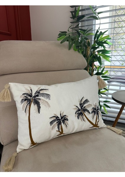 Nakışlı Kırlent Kılıfı Ekru Gri Kahve, Şık ve Rahat Dekorasyon Ürünü