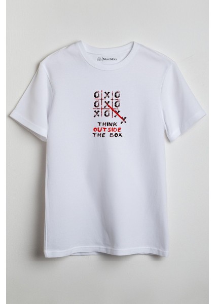 Think Outside The Box Önü Baskılı Unisex Tişört Beyaz