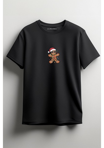Kurabiye Işıklı Yılbaşı Baskılı Unisex T-Shirt Siyah