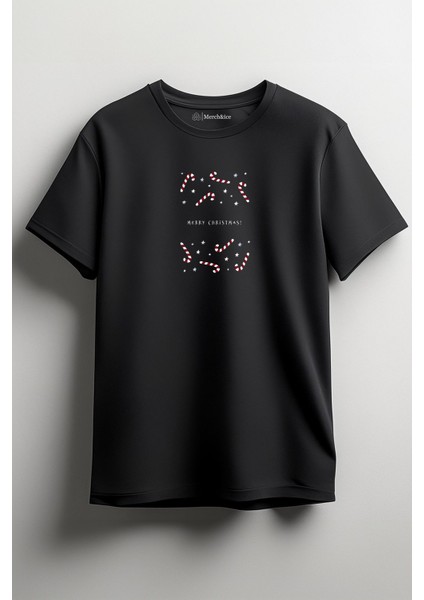 Merry Christmas Baston Şekerleri Yılbaşı Baskılı Unisex T-Shirt Siyah
