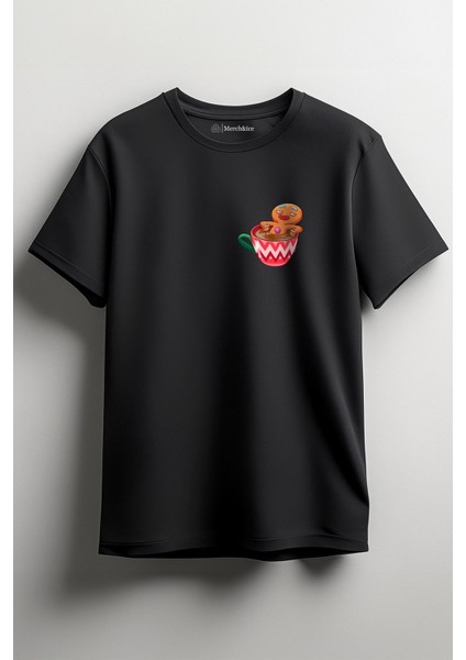 Kahve Bardağında Kurabiye Yılbaşı Baskılı Unisex T-Shirt Siyah