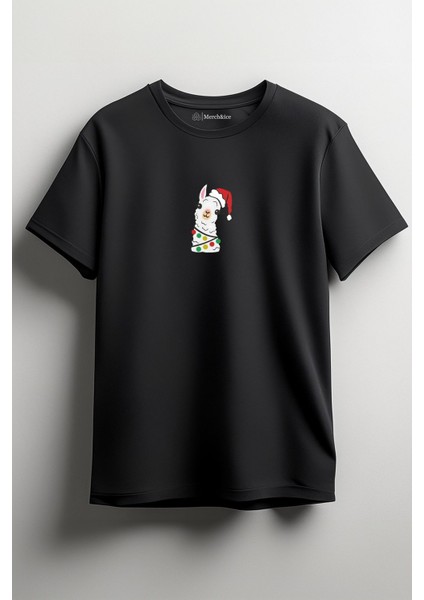 Christmas Lama Işıklı Yılbaşı Baskılı Unisex T-Shirt Siyah