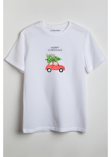 Merry Christmas Araba ve Noel Ağacı Yılbaşı Baskılı Unisex T-Shirt Beyaz