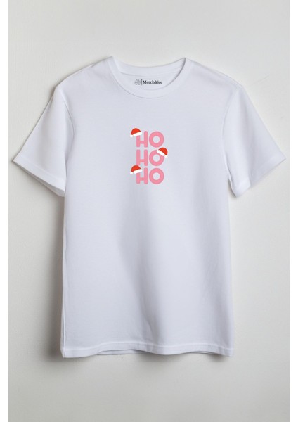 Ho Ho Ho Yılbaşı Baskılı Unisex T-Shirt Beyaz