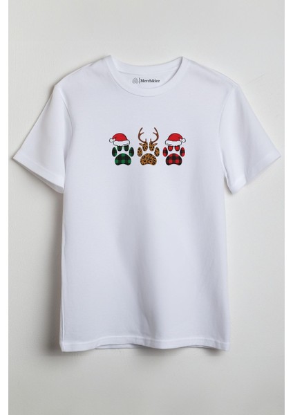 Geyik Patileri 3lü Yılbaşı Baskılı Unisex T-Shirt Beyaz