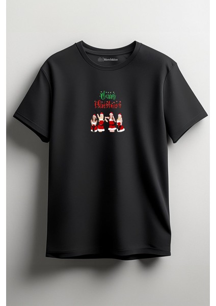 Merry Christmas Girls Yılbaşı Baskılı Unisex T-Shirt Siyah