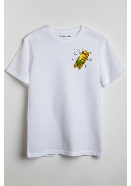Corn Önü Baskılı Unisex Tişört Beyaz