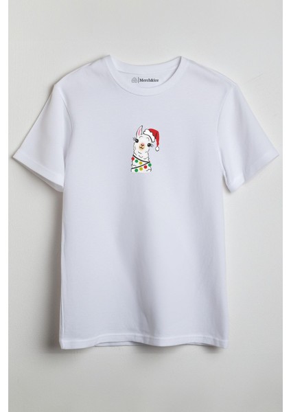 Christmas Lama Işıklı Yılbaşı Baskılı Unisex T-Shirt Beyaz