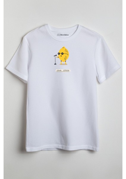 John Lemon Önü Baskılı Unisex Tişört Beyaz