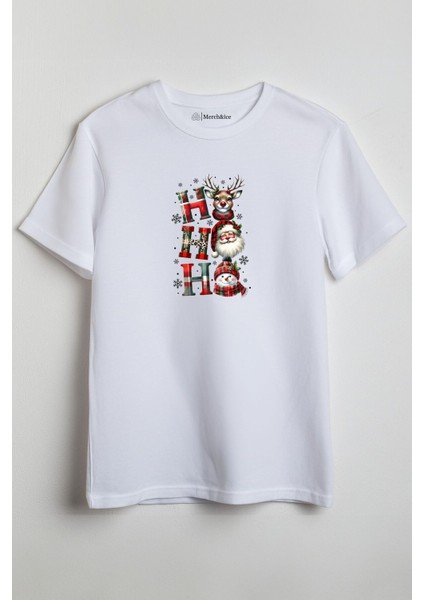Ren Geyiği - Noel Baba - Kardan Adam Ho Ho Ho Baskılı Unisex T-Shirt Beyaz