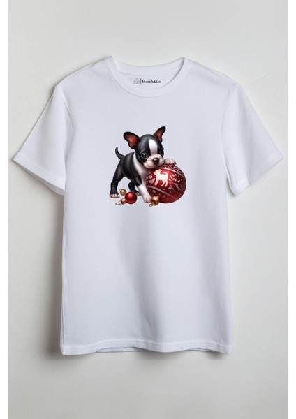 Noel Süsleri ve Köpek Baskılı Unisex T-Shirt Beyaz
