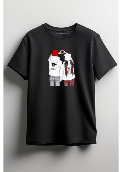 Mr. Right ve Mrs. Always Right Baskılı Sevgililer Günü Unisex T-Shirt Siyah