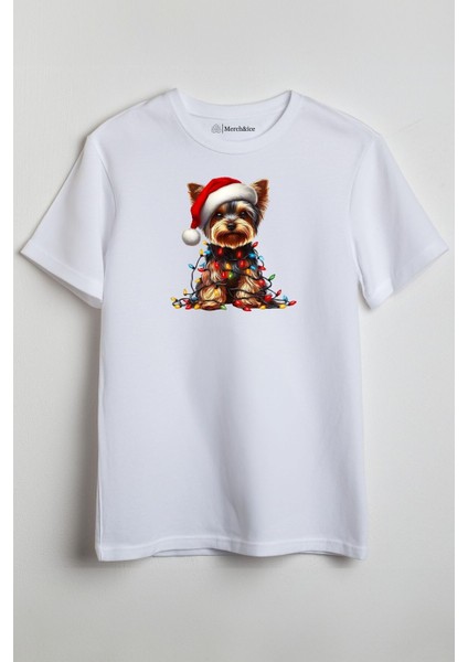 Çok Renkli Işıklı Şapkalı Noel Köpek Baskılı Unisex T-Shirt Beyaz