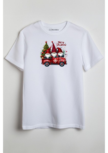 Merry Christmas Kırmızı Şapkalı Noel Cüceleri Baskılı Unisex T-Shirt Beyaz