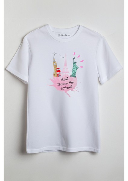 Lets Travel The World - London, Paris, New York Baskılı Unisex T-Shirt Beyaz